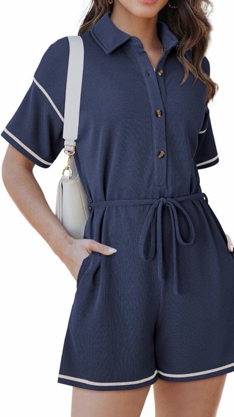Dokotoo Casual Button Up Short Sleeve Drawstring Waist Romper Blue 2XL